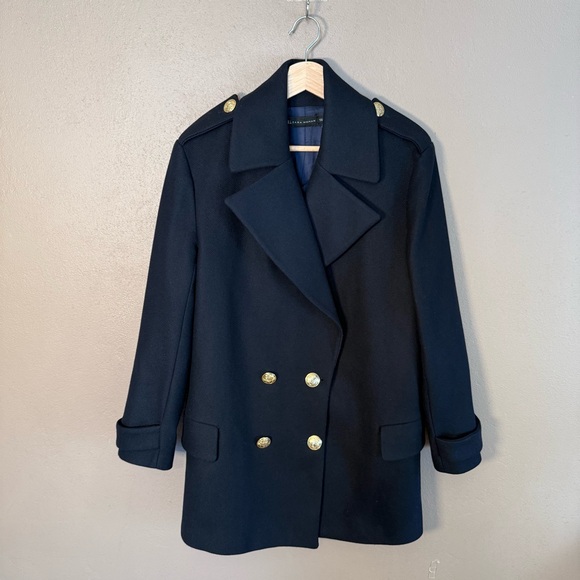 Zara Jackets & Blazers - Zara Women's Navy Wool Double-Breasted Peacoat with Gold Buttons Size Large
